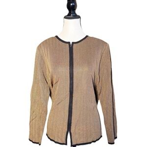 Exclusively Misook Zip Jacket Cardigan SZ PL 3/4 Sleeve Black Gold Herringbone